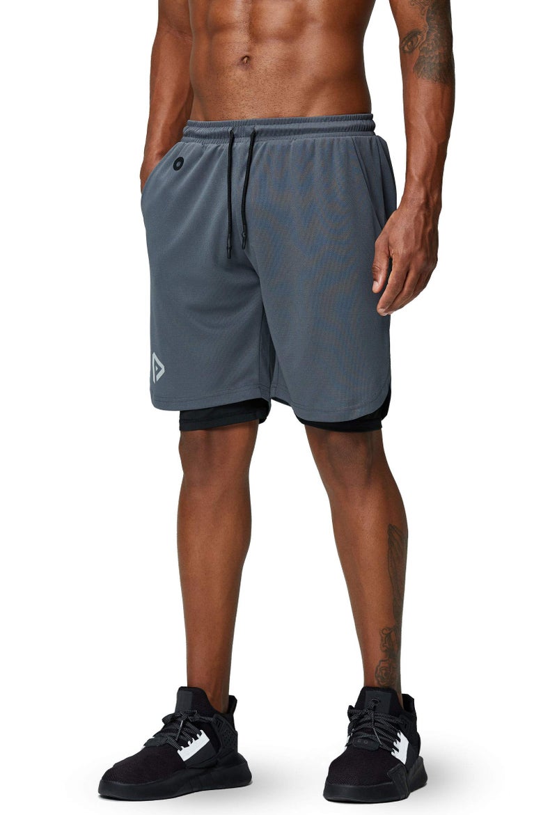 Pinkbomb Men's 2 in 1 Running Shorts Gym Workout Quick Dry Mens Shorts with Phone Pocket (Grey, Medium) - Image 2